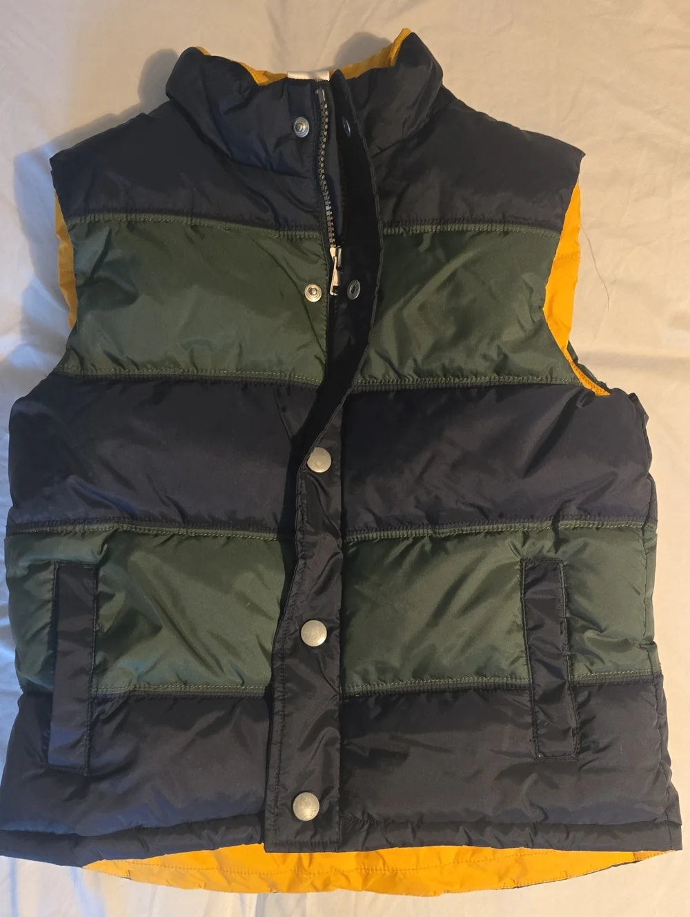Gymboree Boys Size S 5-6 Colorblock Puffer Vest Navy Green Yellow Snap Zipper